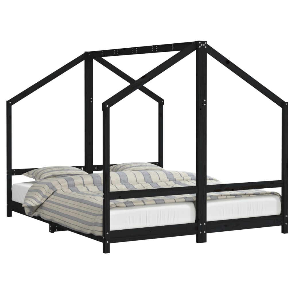 Solid Wood Pine Kids Bed Frame, Black, 2x(80x200) cm