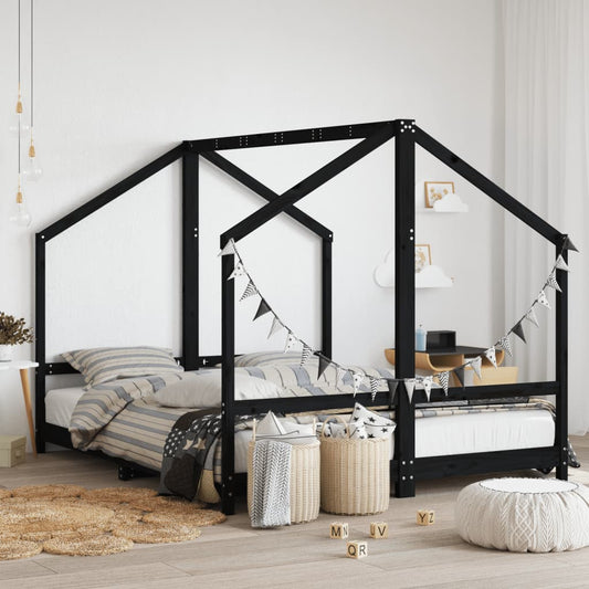Solid Wood Pine Kids Bed Frame, Black, 2x(80x200) cm
