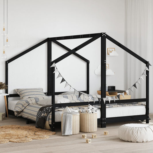 Solid Pine Wood Kids Bed Frame Black 2x(90x200) cm