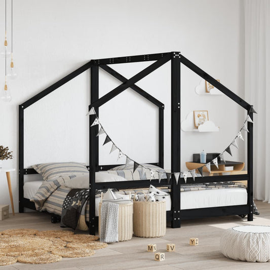 Kids Solid Pine Bed Frame, Black 2x(80x160) cm