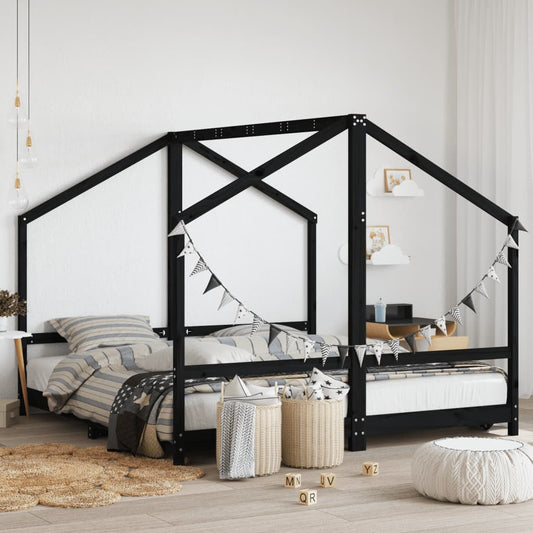 Solid Pine Black Kids Bed Frame 2x(90x190) cm - Durable & Stylish