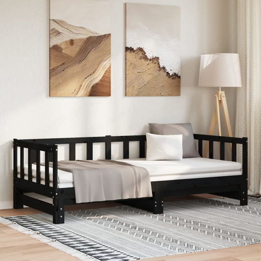 Solid Wood Black Day Bed with Trundle 90x200 cm – No Mattress Included