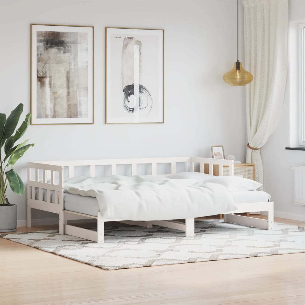 Solid Wood White Daybed with Trundle, 80x200 cm - No Mattress