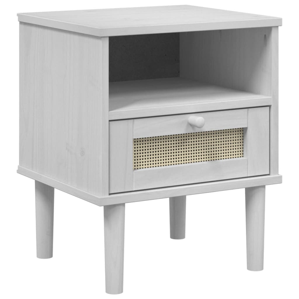 White SENJA Rattan Look Bedside Cabinet, 40x35x48 cm, Solid Pine