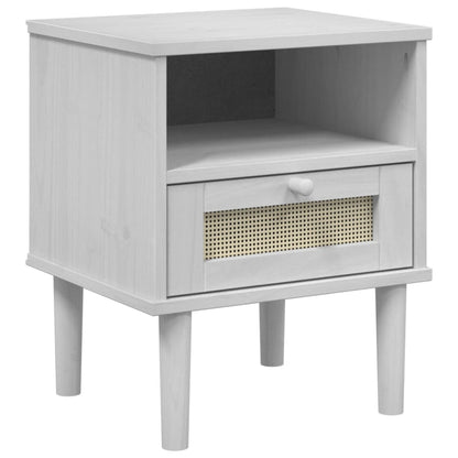 White SENJA Rattan Look Bedside Cabinet, 40x35x48 cm, Solid Pine