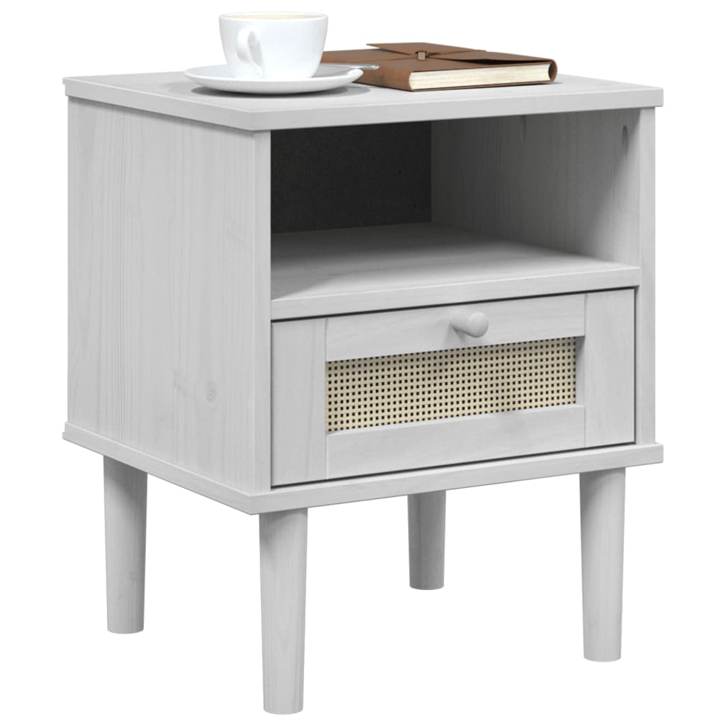 White SENJA Rattan Look Bedside Cabinet, 40x35x48 cm, Solid Pine