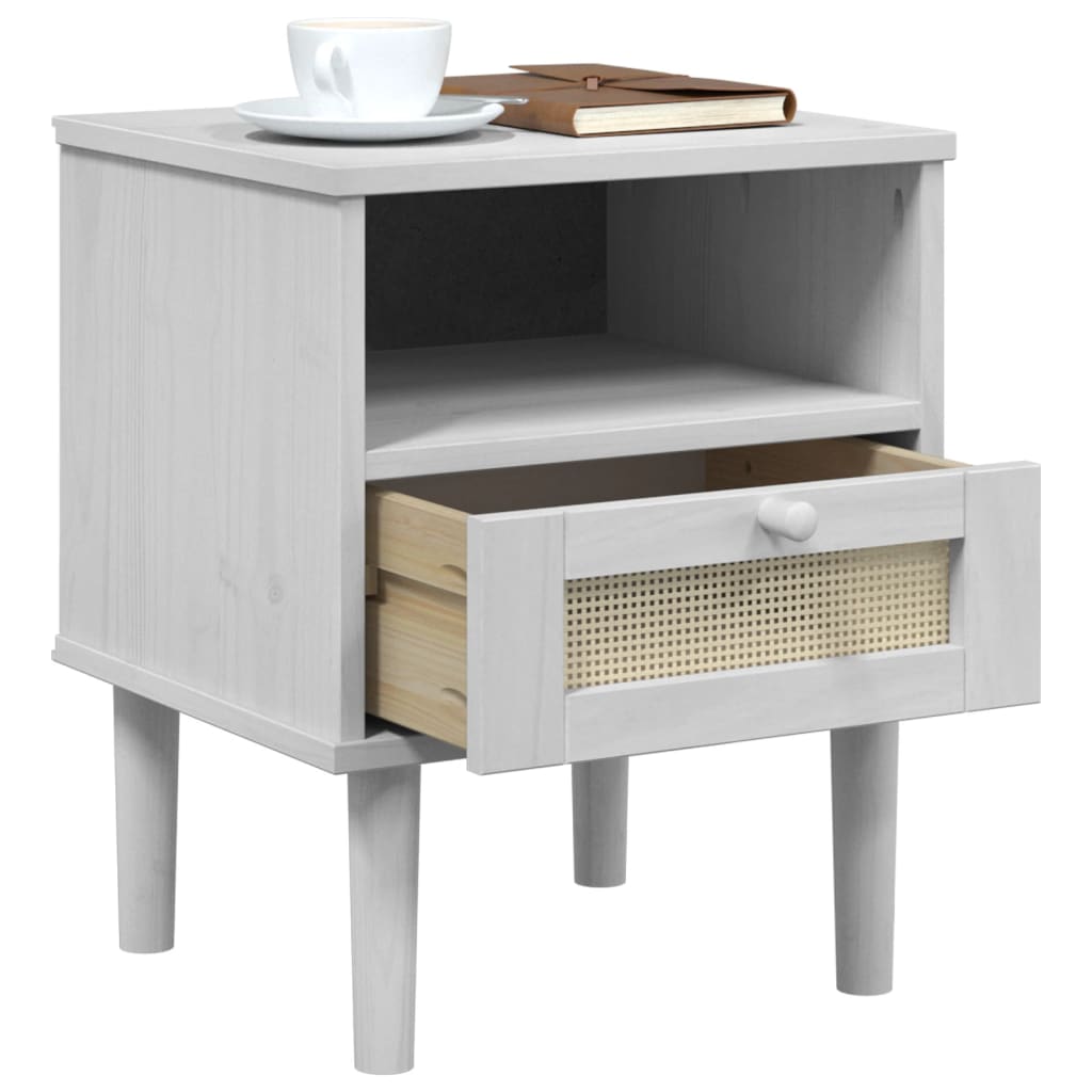 White SENJA Rattan Look Bedside Cabinet, 40x35x48 cm, Solid Pine