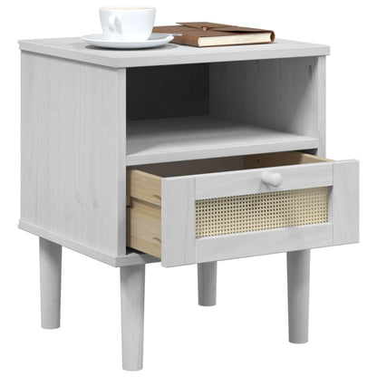 White SENJA Rattan Look Bedside Cabinet, 40x35x48 cm, Solid Pine