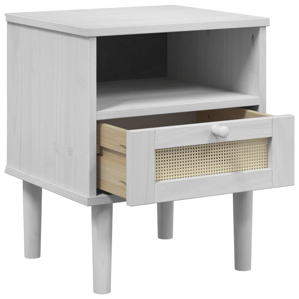 White SENJA Rattan Look Bedside Cabinet, 40x35x48 cm, Solid Pine