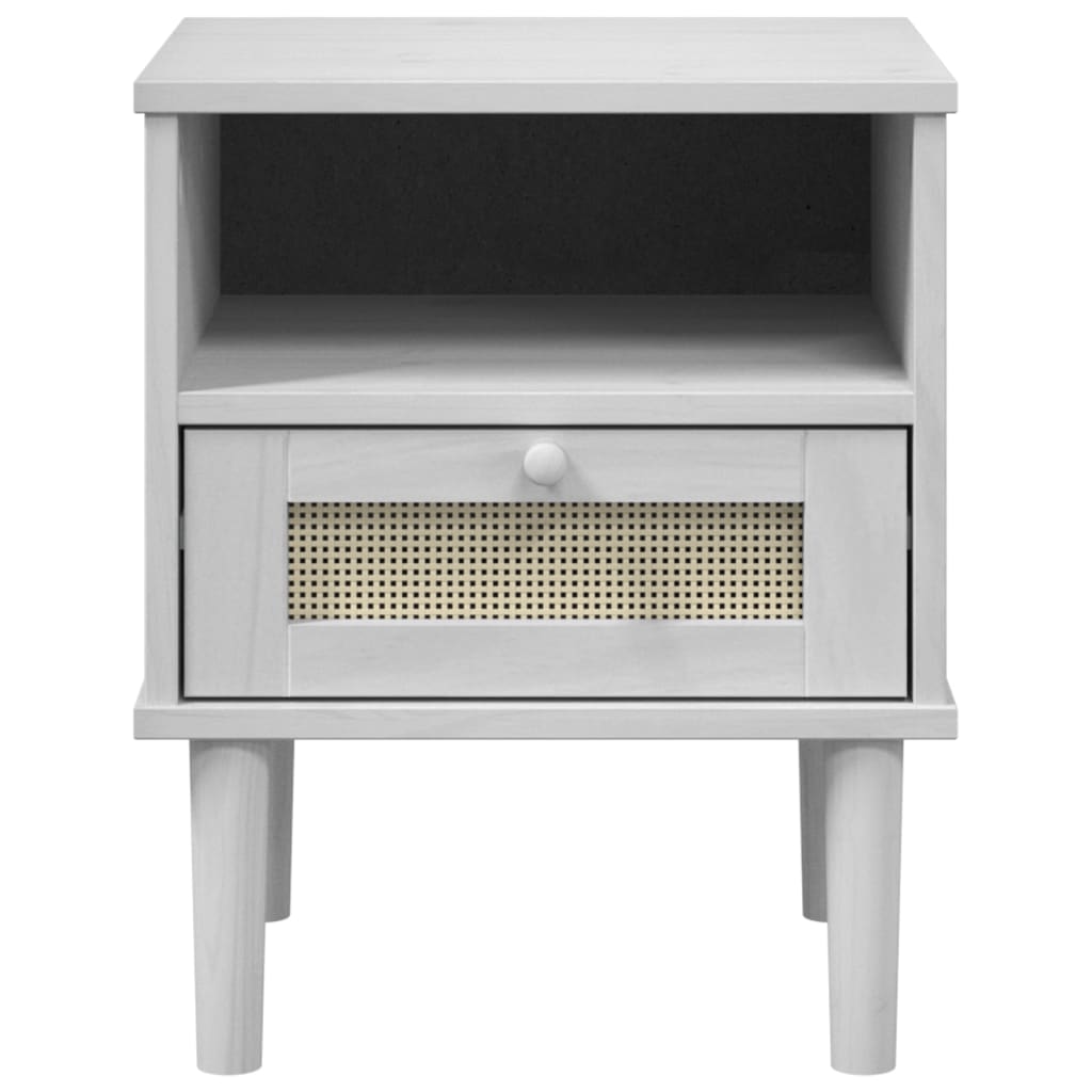 White SENJA Rattan Look Bedside Cabinet, 40x35x48 cm, Solid Pine