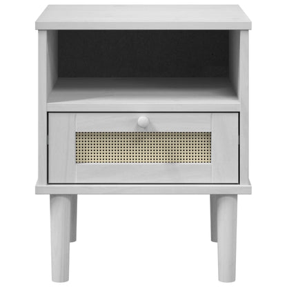 White SENJA Rattan Look Bedside Cabinet, 40x35x48 cm, Solid Pine