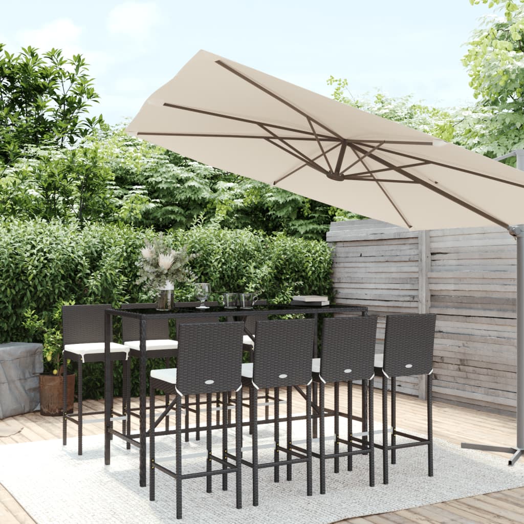 9 Piece Garden Bar Set with Cushions Black Poly Rattan