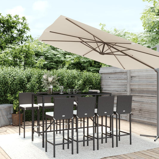 9 Piece Garden Bar Set with Cushions Black Poly Rattan