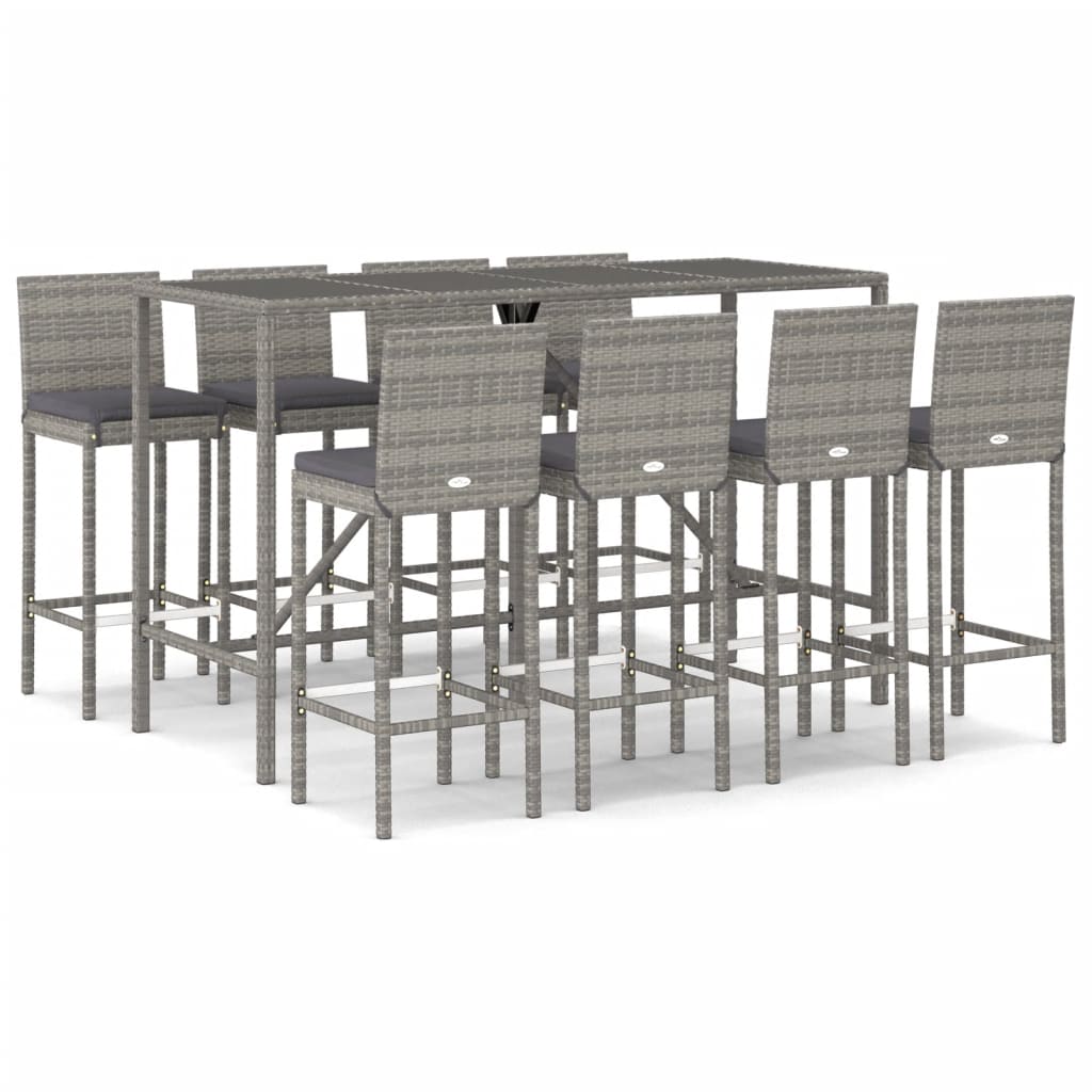 9 Piece Garden Bar Set with Cushions Grey Poly Rattan