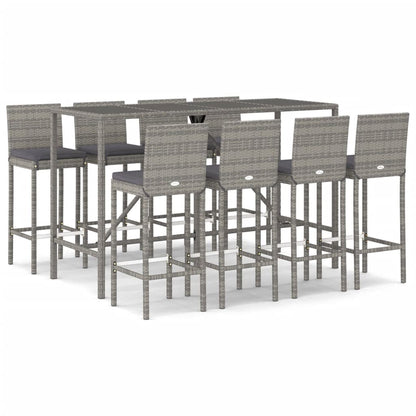 9 Piece Garden Bar Set with Cushions Grey Poly Rattan