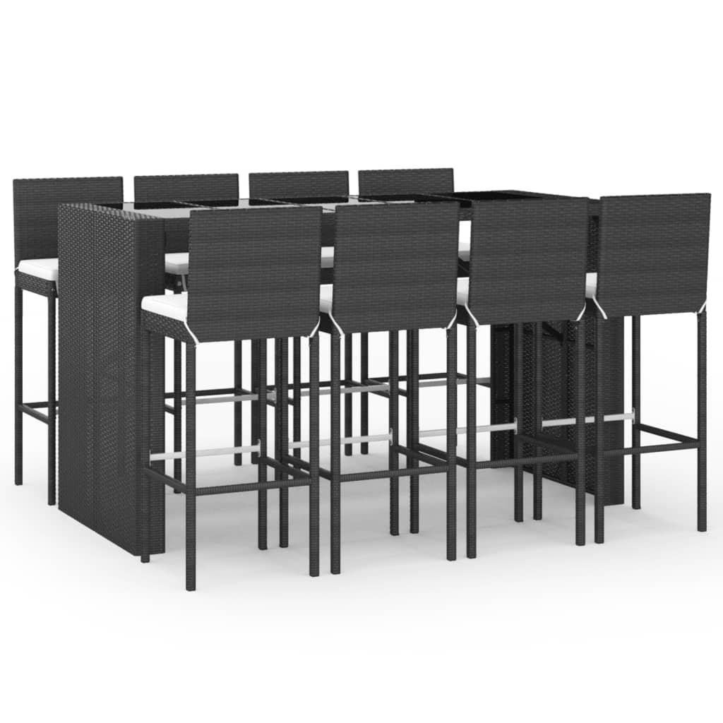 9 Piece Garden Bar Set with Cushions Black Poly Rattan