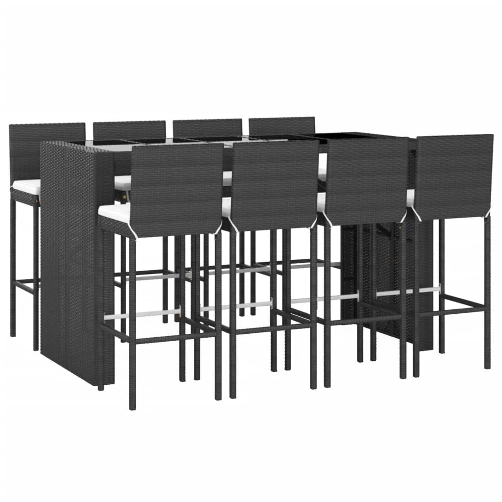 9 Piece Garden Bar Set with Cushions Black Poly Rattan