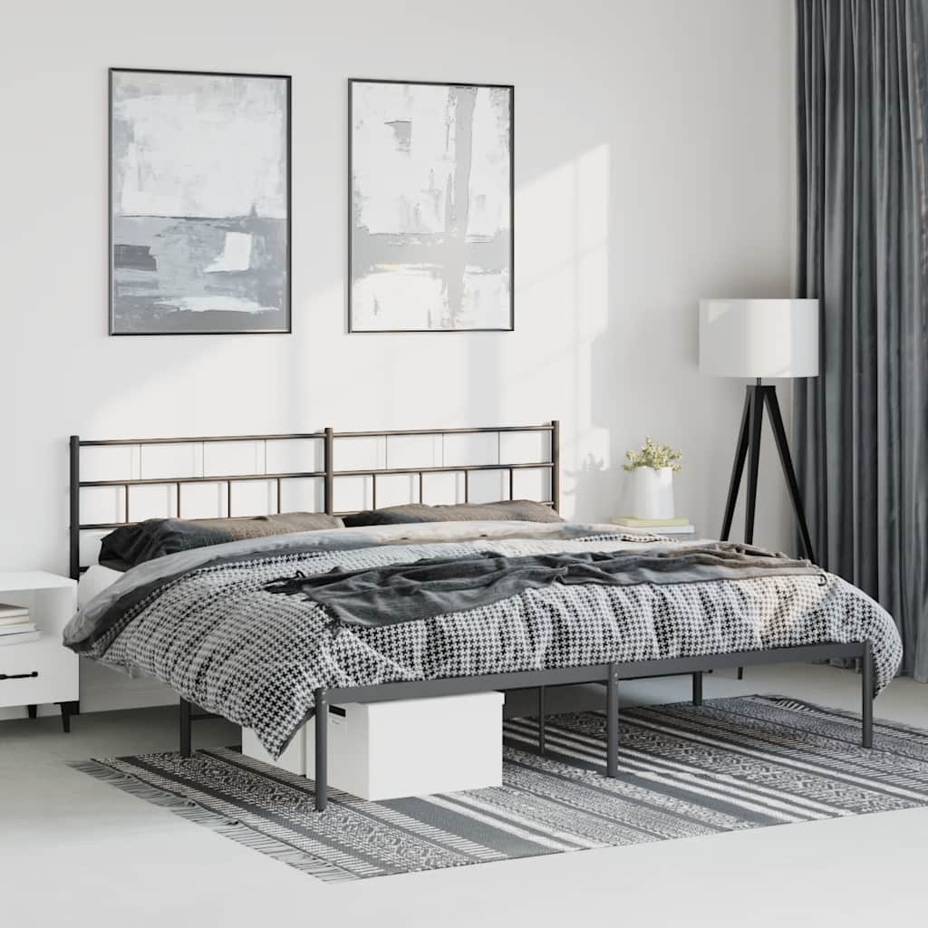 Black Metal Bed Frame with Headboard - 183x213cm, No Mattress