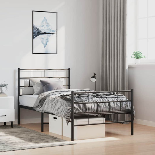 Black Metal Bed Frame with Footboard - 100x200cm, No Mattress