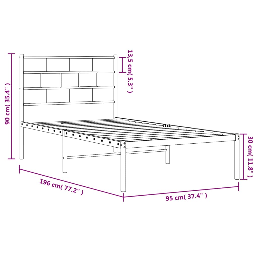 White Metal Bed Frame with Headboard - 90x190cm, Mattress Not Included
