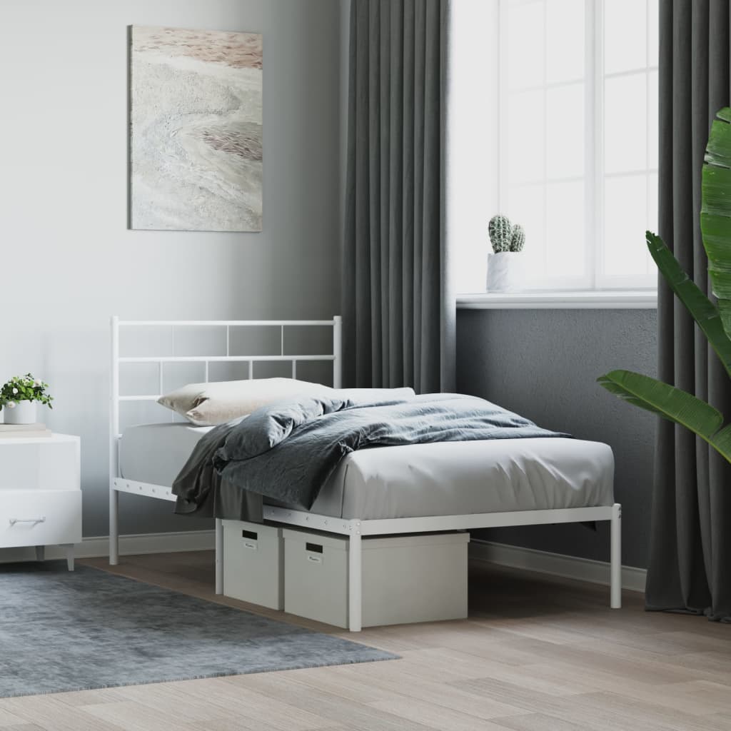 White Metal Bed Frame with Headboard, No Mattress - 107x203cm
