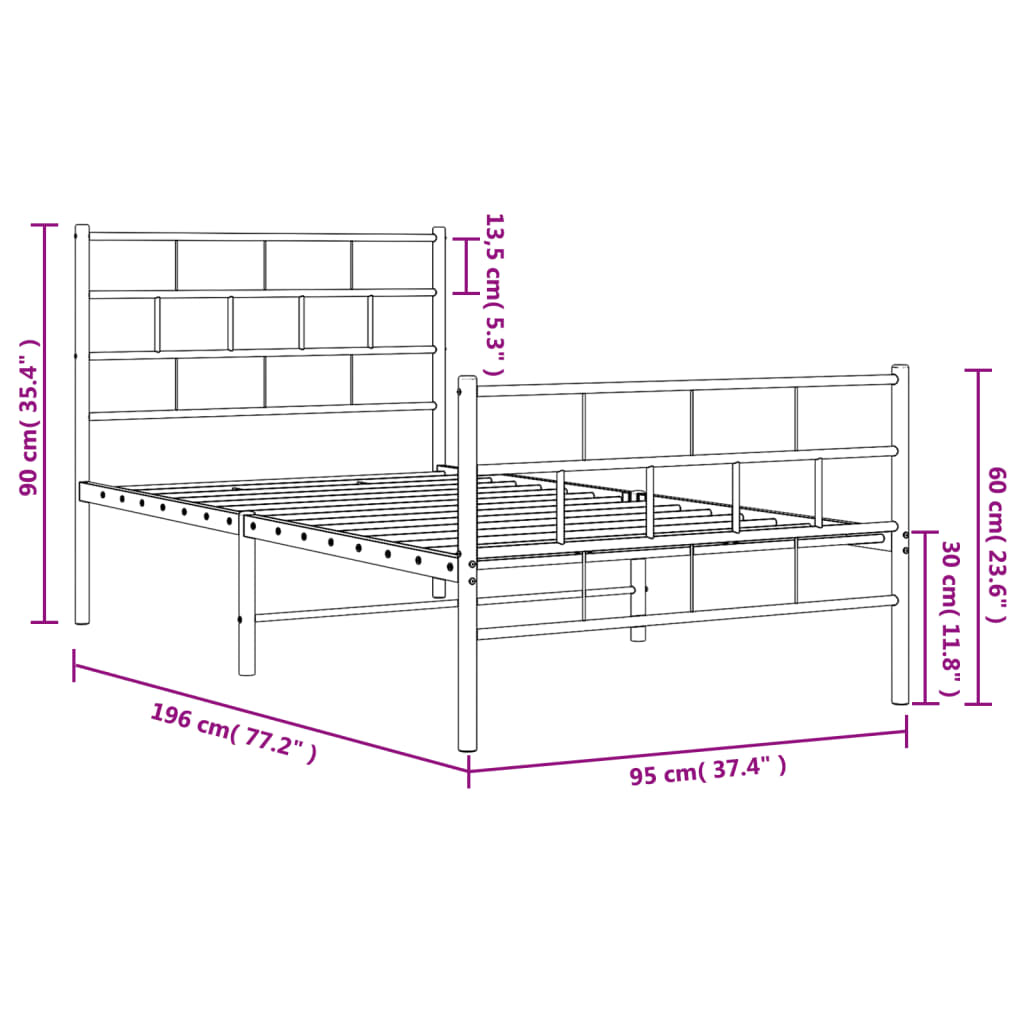 Metal Bed Frame without Mattress with Footboard White 90x190cm