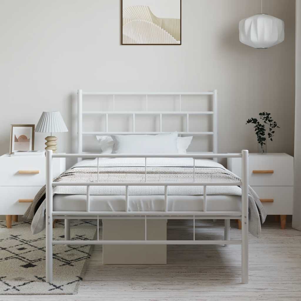 White Metal Bed Frame with Footboard, 100x190cm - No Mattress
