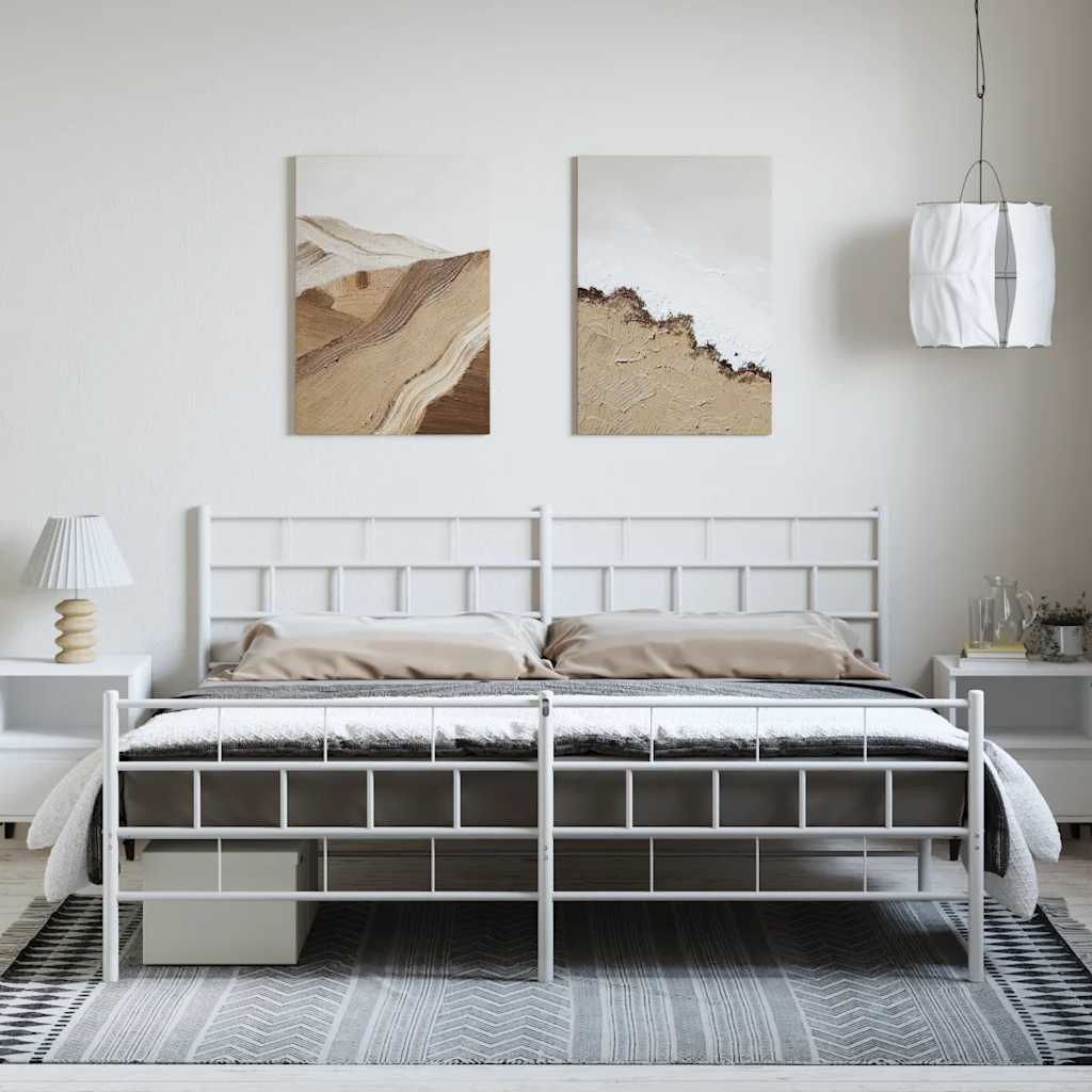 White Metal Bed Frame with Footboard, 193x203cm - Mattress Not Included