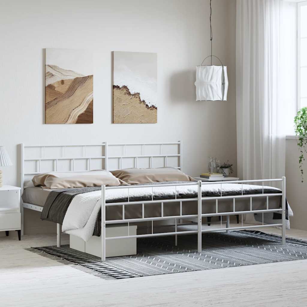 White Metal Bed Frame with Footboard, 193x203cm - Mattress Not Included