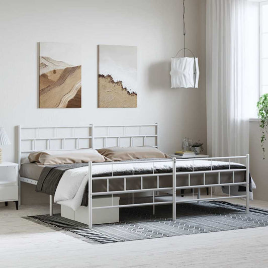 White Metal Bed Frame with Footboard, 193x203cm - Mattress Not Included