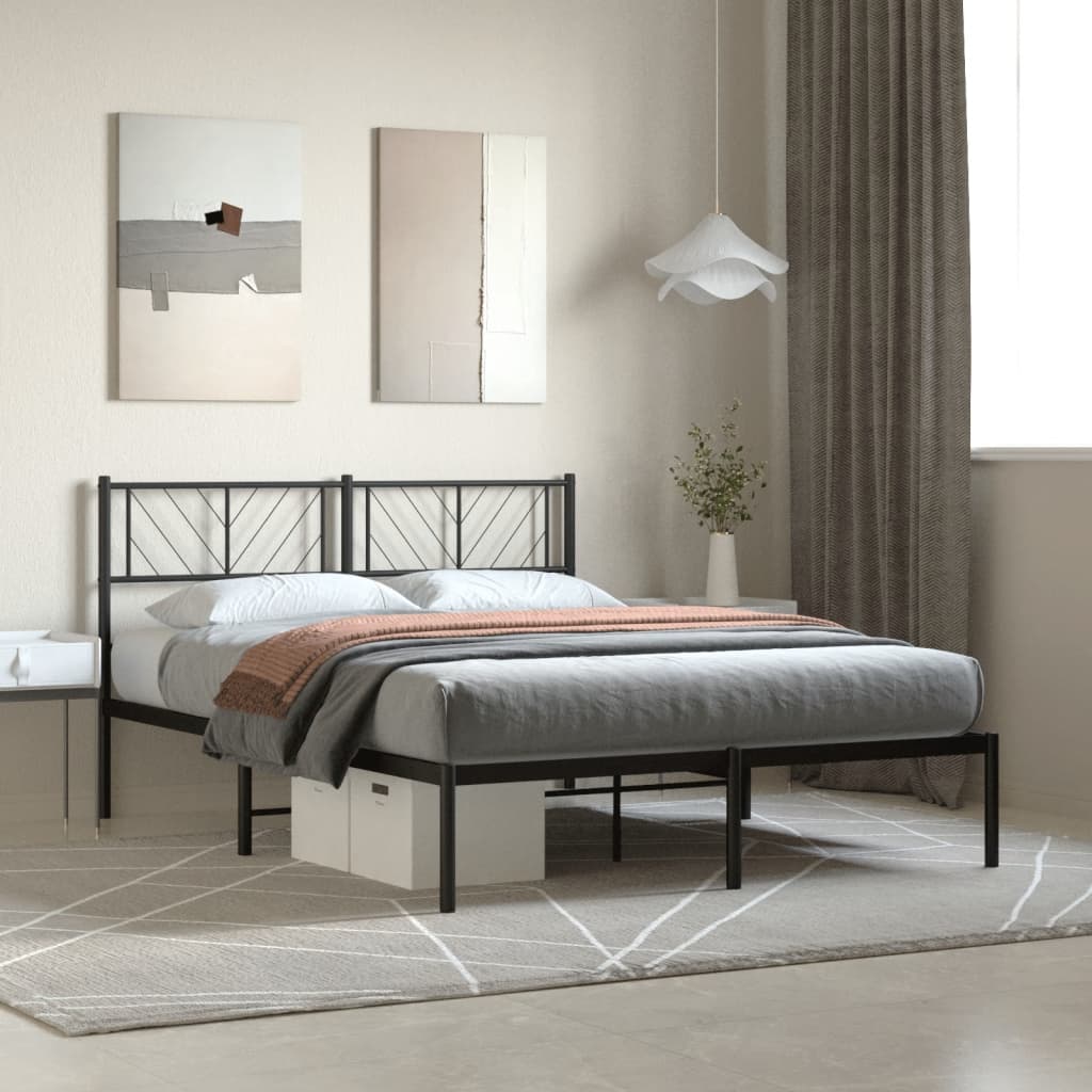 Black Metal Bed Frame with Headboard, 140x200cm - No Mattress
