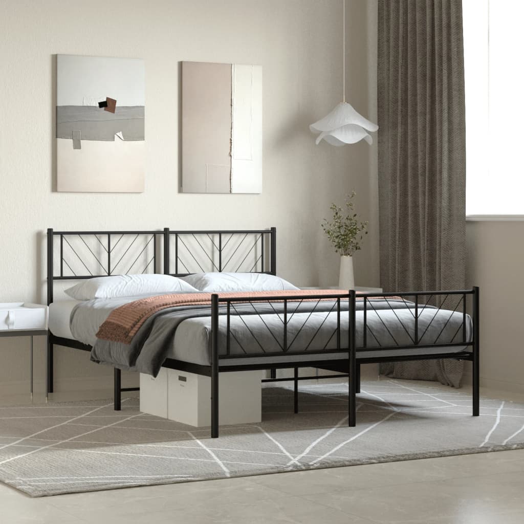 Sleek Black Metal Bed Frame with Footboard, 140x200cm