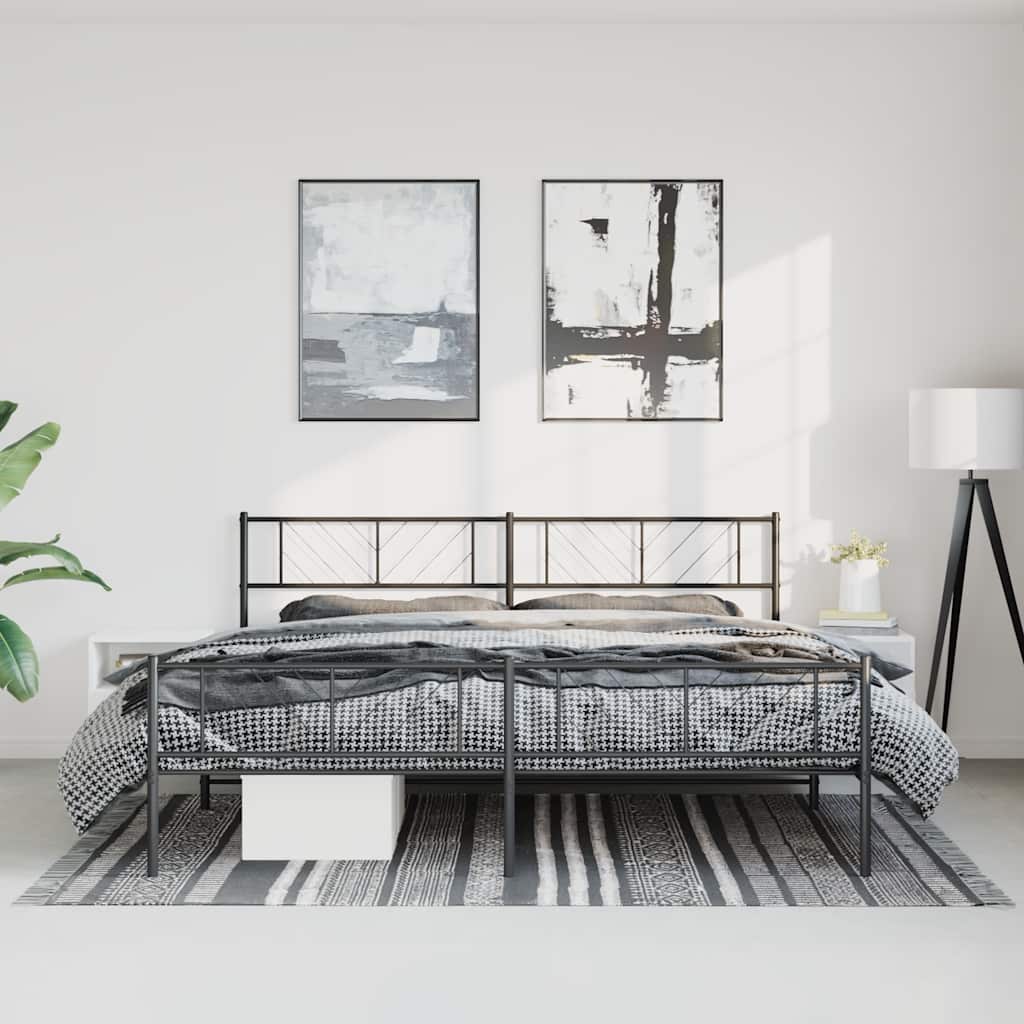 Black Metal Bed Frame with Footboard - 193x203cm, No Mattress