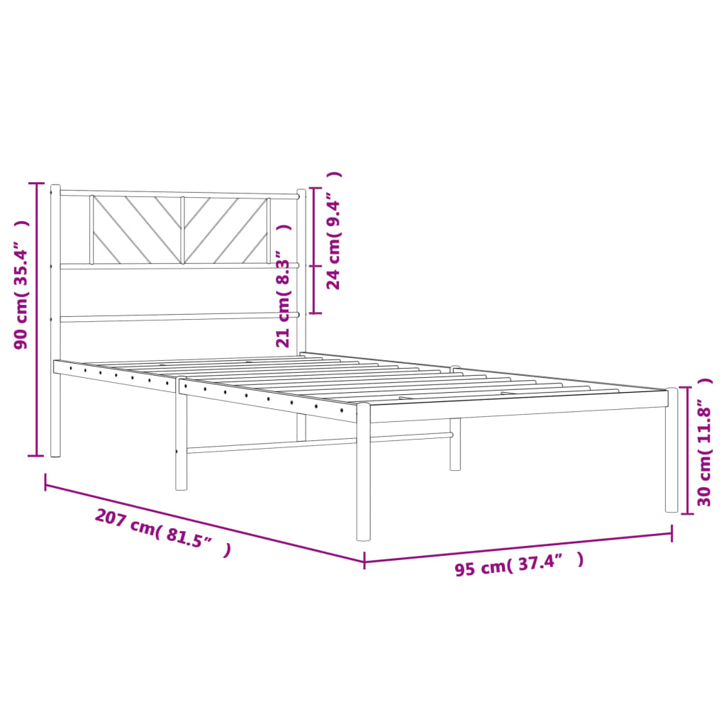 White Metal Bed Frame with Headboard, 90x200cm, No Mattress