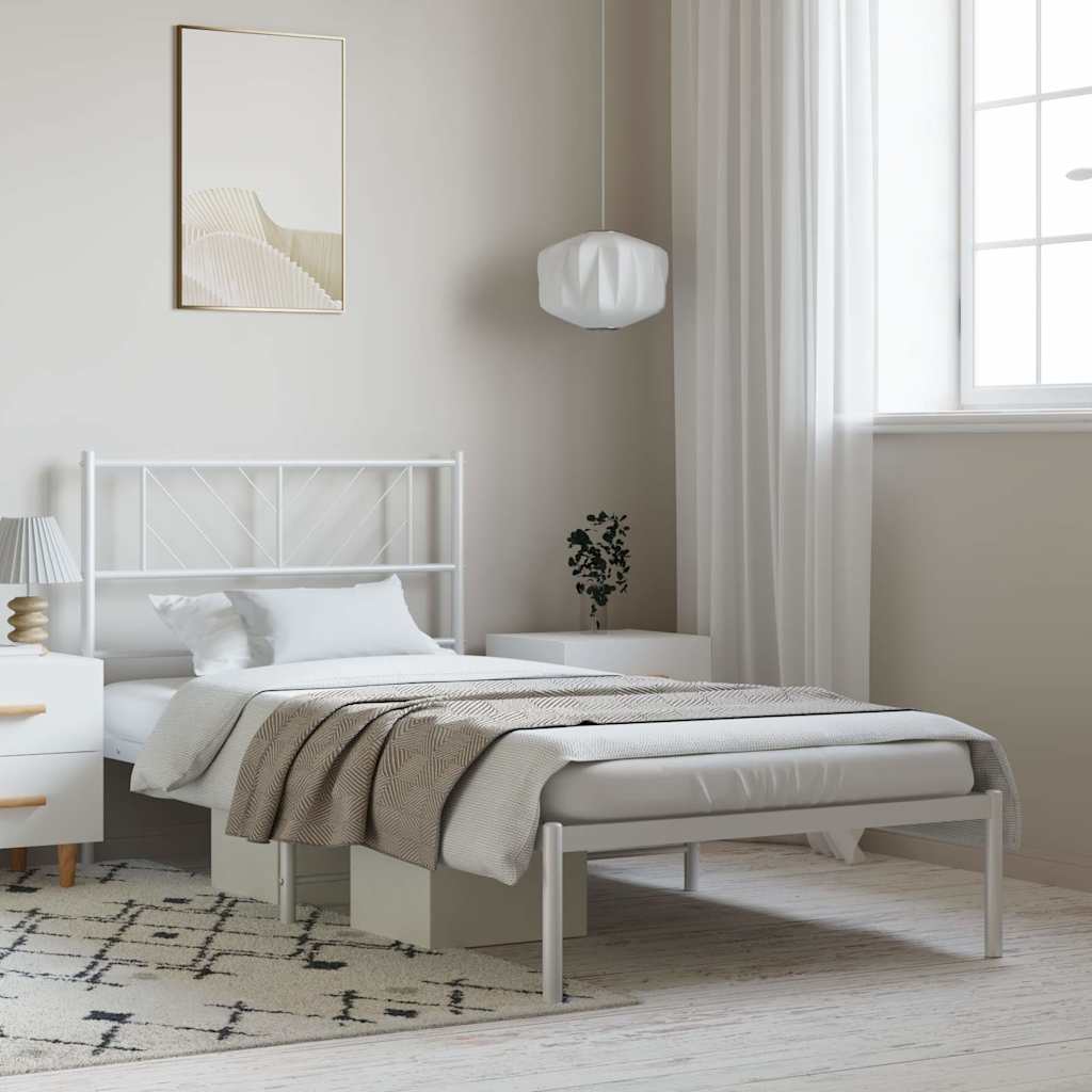 White Metal Bed Frame 100x190cm with Headboard - No Mattress