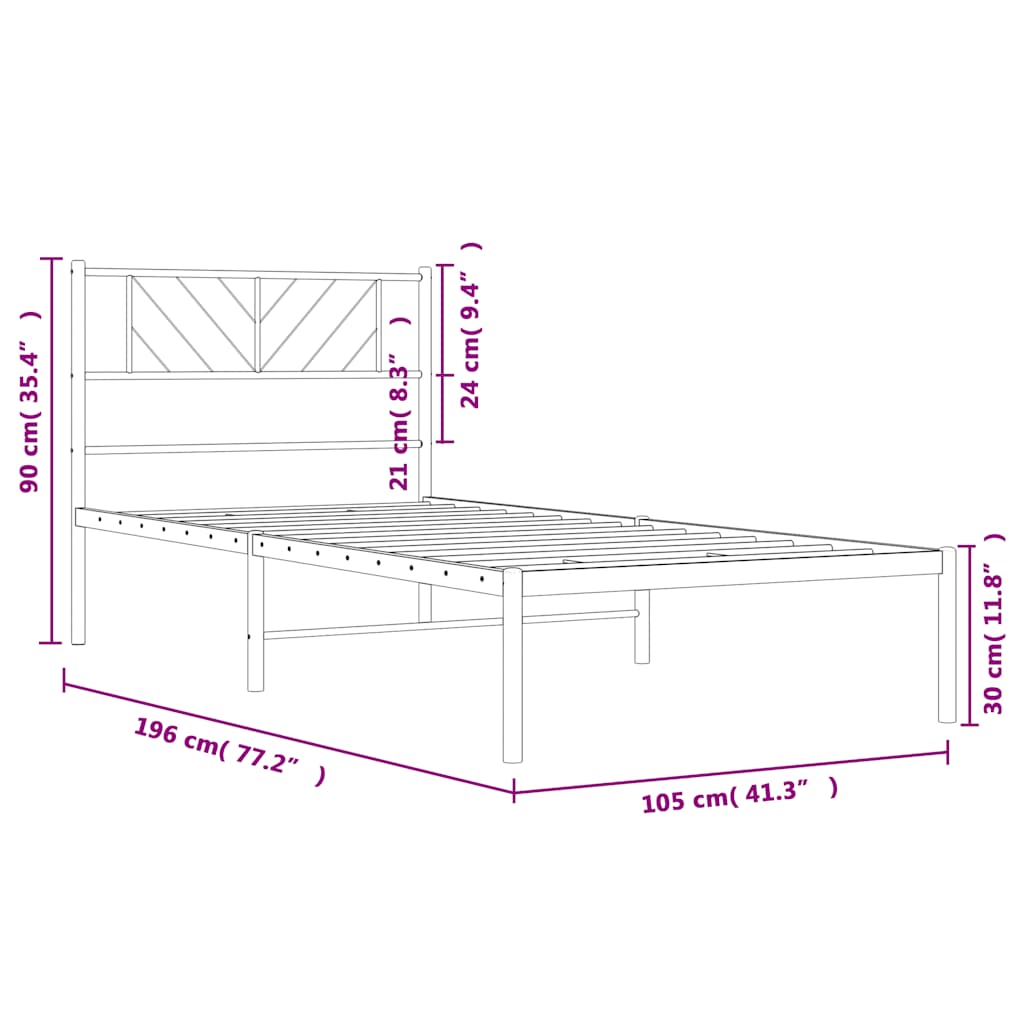 White Metal Bed Frame 100x190cm with Headboard - No Mattress