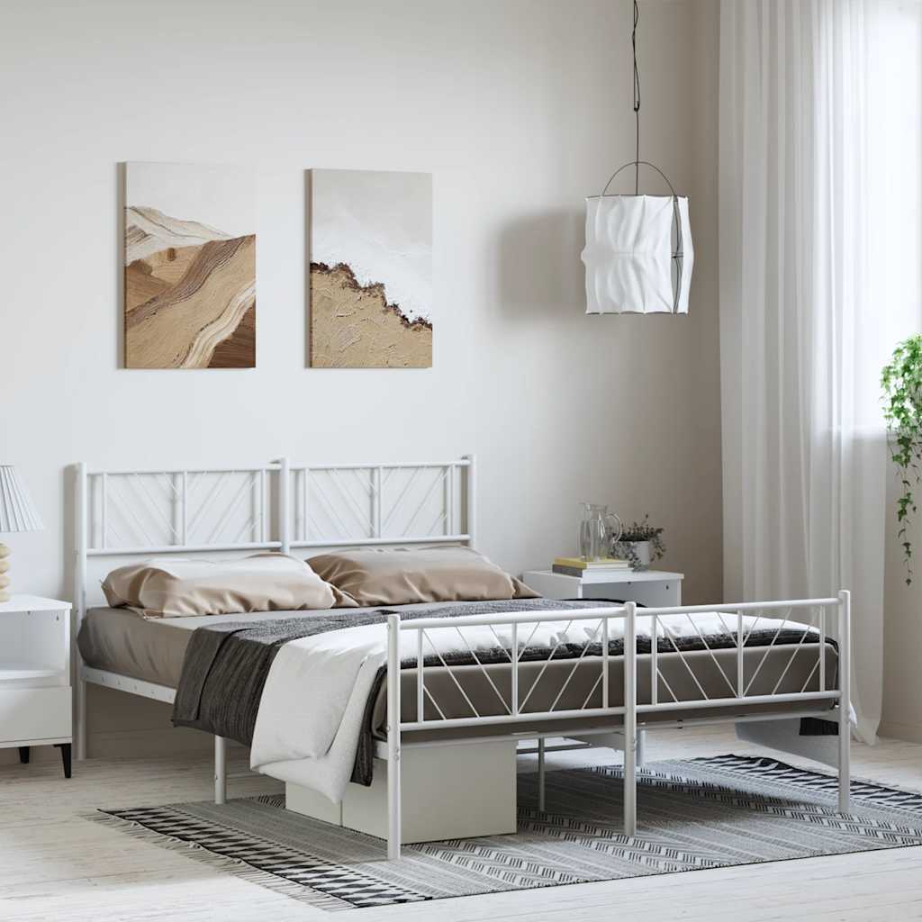 White Metal Bed Frame with Footboard - 150x200cm, No Mattress