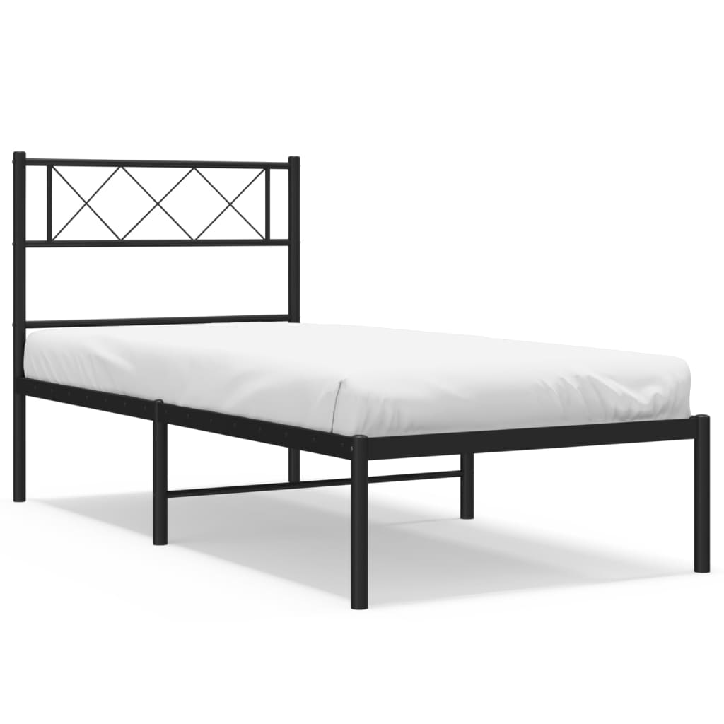 Black Metal Bed Frame with Headboard - 90x190cm, No Mattress
