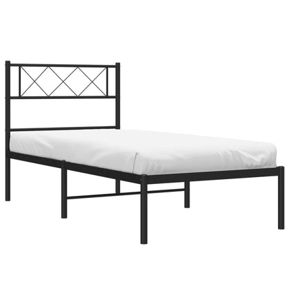 Black Metal Bed Frame with Headboard - 90x190cm, No Mattress
