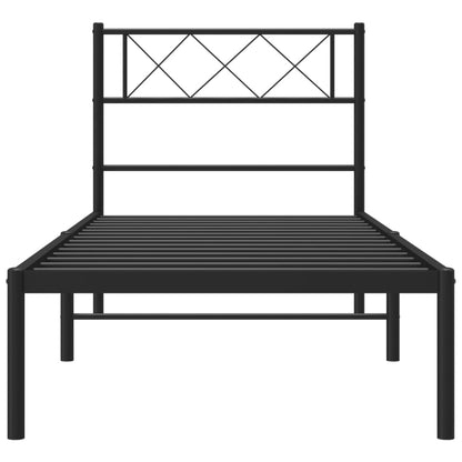 Black Metal Bed Frame with Headboard - 90x190cm, No Mattress