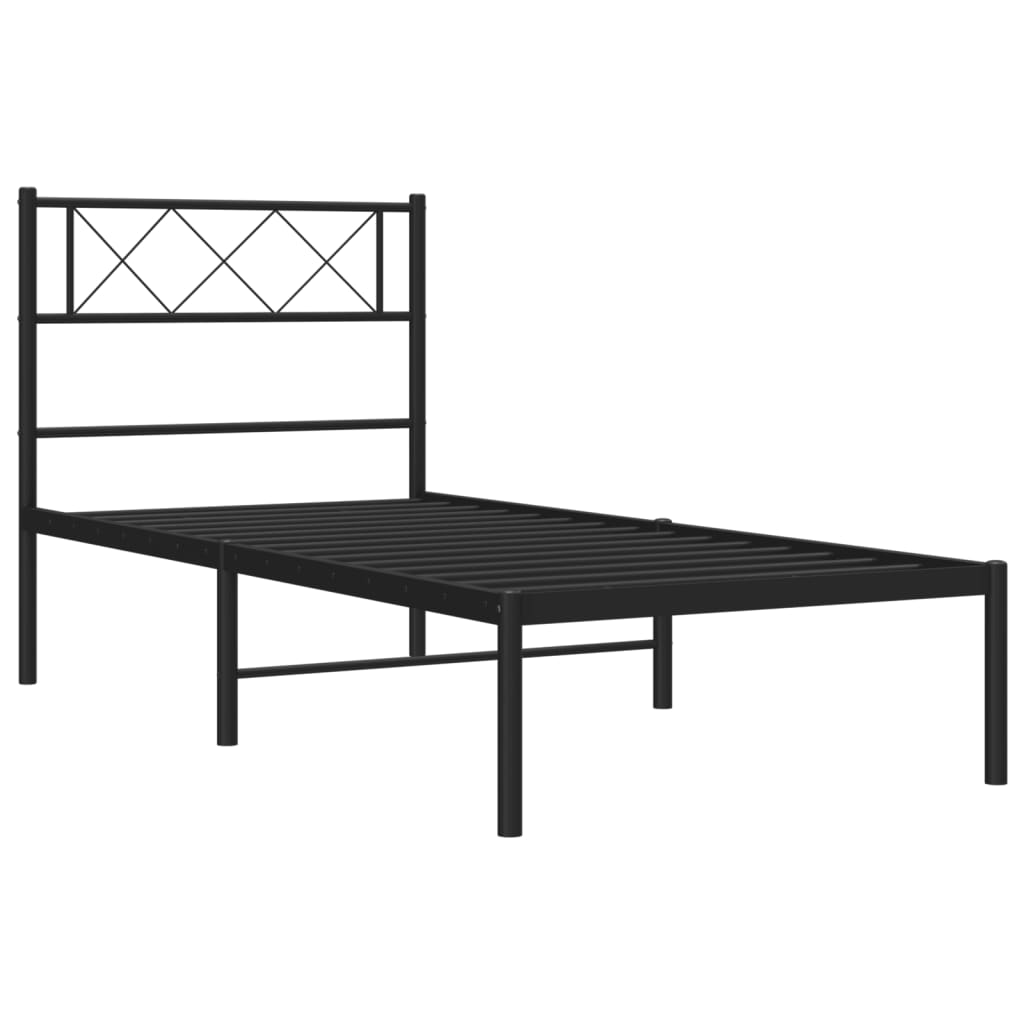 Black Metal Bed Frame with Headboard - 90x190cm, No Mattress