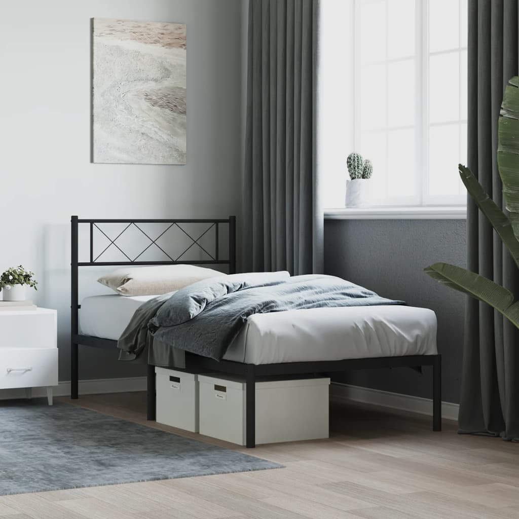 Black Metal Bed Frame with Headboard - 90x190cm, No Mattress