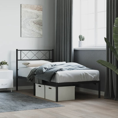 Black Metal Bed Frame with Headboard - 90x190cm, No Mattress