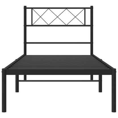 Black Metal Bed Frame with Headboard, 107x203cm, No Mattress