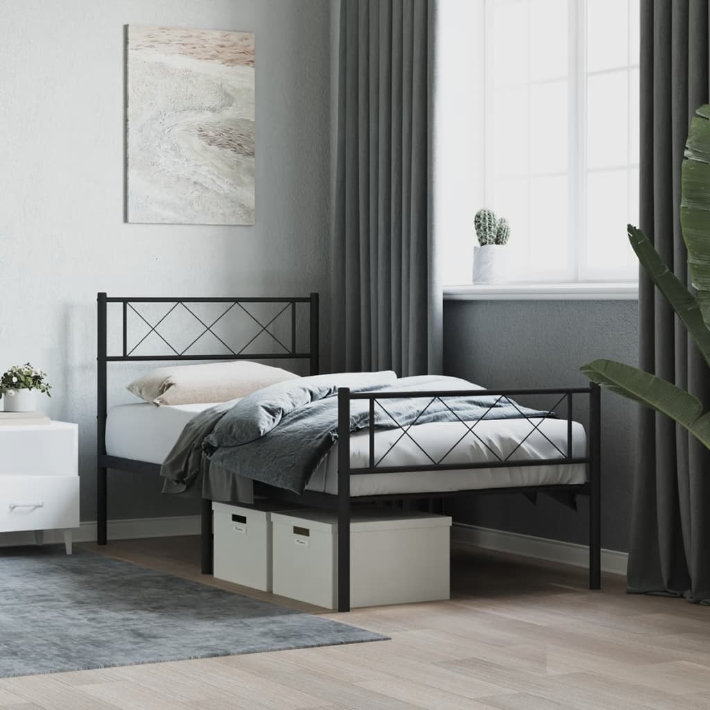 Elegant Black Metal Bed Frame with Footboard 90x190cm - No Mattress