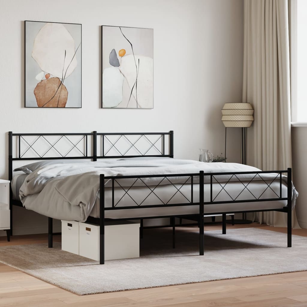 Black Metal Bed Frame with Footboard - 160x200cm Sturdy Design