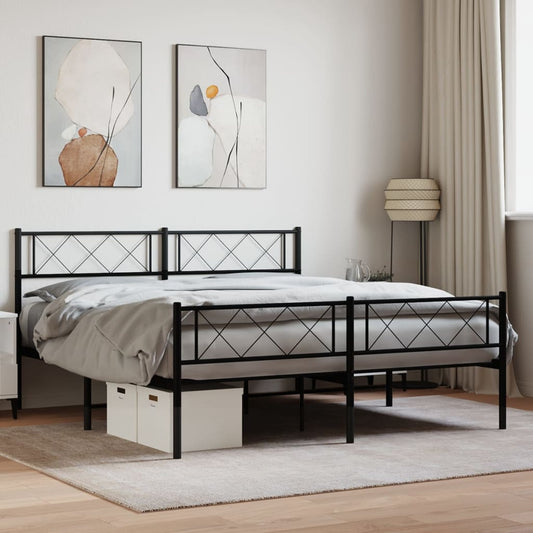 Black Metal Bed Frame with Footboard - 160x200cm Sturdy Design