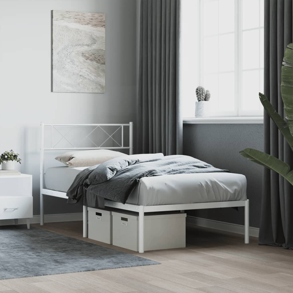 White Metal Bed Frame with Headboard - 75x190cm Mattress Excluded