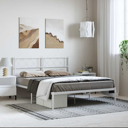 White Metal Bed Frame with Headboard, 135x190cm - No Mattress