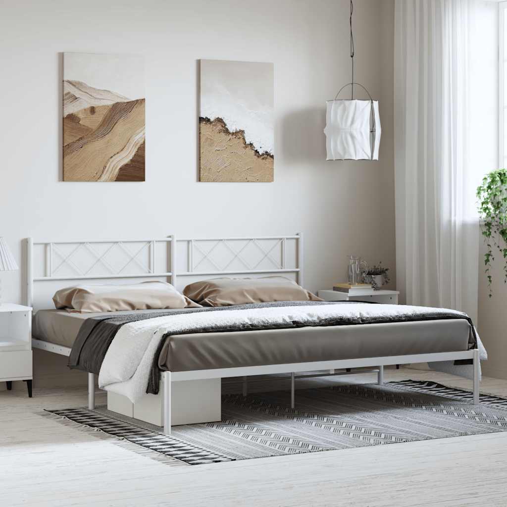 White Metal Bed Frame with Headboard, No Mattress, 193x203cm